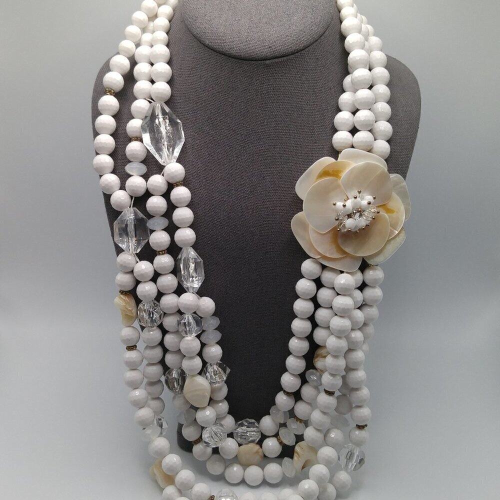 Vintage White Bead Necklace Shell Flower Glass Multi Strand 27 Inch